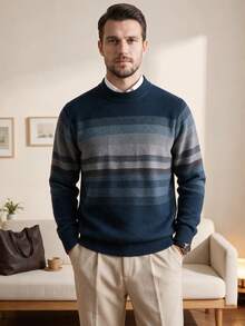 Navy Blue Men's Checkered Stripe Casual Crew-Neck Thick Knit Sweater, Winter, For Fall, Long Sleeve Top - Navy Blue - View 5