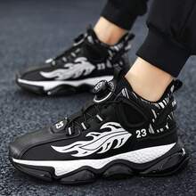 Rotary Knob Basketball Style Sports Shoes, Flame Pattern Decor, High Elastic Popcorn Thick Sole, Anti-Collision Toe, Quick Slip-On, Training Practical Casual Chunky Sneakers - Black - View 4