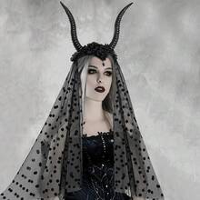 1pc Halloween Gothic Queen Dark Horn Mesh Headband Party Ball Performance Costume Holiday Hair Accessory Prop - Black - View 4