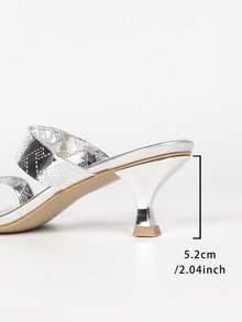 Chic Night‑Out Silver Metallic Diamond‑Embossed Dual Strap Slide Heeled Sandals, Square Toe Slip‑On Flared Mid‑Heel Club Date Footwear - Silver - View 7