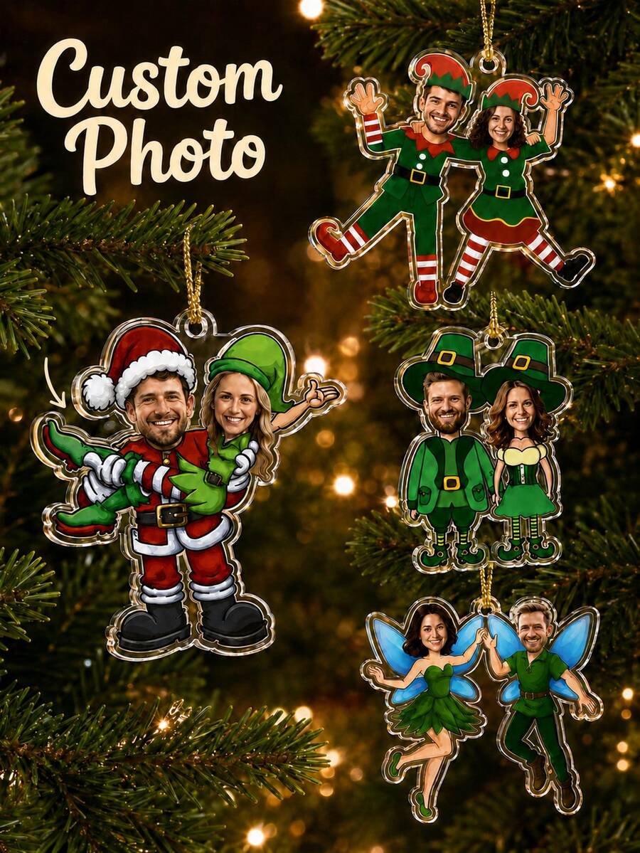 1pc Personalized Couple Christmas Ornament, Fun Custom Face Photo Ball, Acrylic Santa Claus Elf Holiday Keepsake, Couple Gift, Christmas Tree Decoration, Christmas Gift - Multicolor - View 1