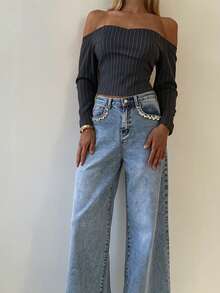 Women's Navy Pinstripe Off Shoulder Long Sleeve Crop Top Fitted Blouse - Dark Grey - View 3