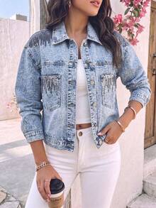 GILIPUR Women's Fashion Sequin Patchwork Washed Denim Jacket, Long Sleeve Lapel Motorcycle Style Outerwear, Suitable For Autumn Casual Wear - Blue - View 10