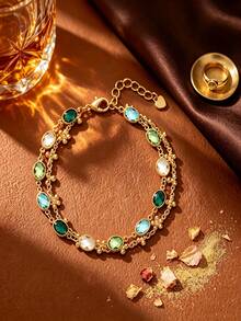1Pc Vintage Double Layer Flower Chain Glass Stone Bracelet, Multi‑Color Oval Inlaid Beaded Chain Bracelet, Party Daily Wrist Jewelry For Women - Glass Rhinestone Flower Bracelet - View 12