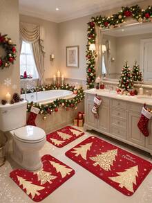 Bộ thảm phòng tắm 1 món/3 món họa tiết cây thông Noel màu vàng series Giáng Sinh, chất liệu nhung, thảm trải sàn trang trí cho nhà bếp, phòng tắm, phòng ngủ, có thể giặt được, trang trí Noel, gồm thảm tắm, thảm ôm bồn cầu chữ U và thảm bồn rửa mặt - A - Xem 1
