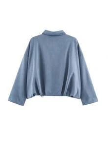 HLPHA Women's Elegant Solid Color Faux Suede Baseball Jacket, Lightweight Basic Casual Autumn Back-To-School Commuter Outerwear - Dusty Blue - View 7