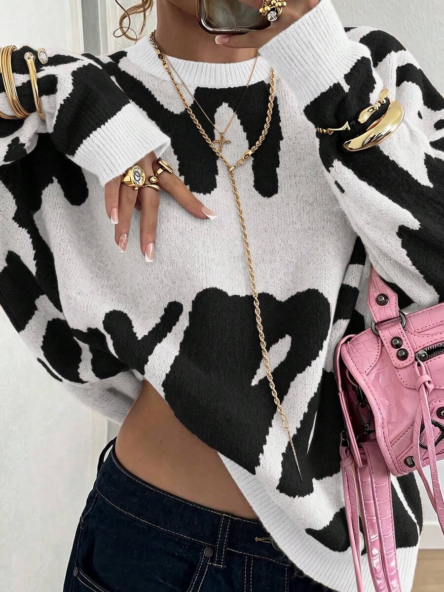 Fashionable Pattern Round Neck Long Sleeve Casual Pullover Sweatshirt, Letter & Graphic Print, Dropped Shoulder, College Style Street Wear, Knit Sweater For Spring - Multicolor - View 1