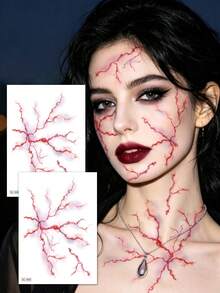 2Sheets Large Halloween Realistic Blood Vein Temporary Tattoos, Horror Fake Scar Stitch Wound Face Body Tattoo Stickers For Zombie Cosplay Face Body Makeup - Red - View 5