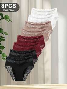 QUASTI 8pcs Women's Plus-Size Mid-Rise Lace Panties: Elegant Wavy Edges, Comfortable Everyday Wear, Suitable For All Seasons - Multicolor - View 5