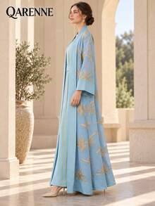 2‑Piece Golden Palm Leaf Embroidered Kaftan Set, Open Front Long Sleeve Loose Floor‑Length Formal Evening Maxi Dress With Belt - Light Blue - View 4
