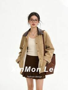 Jaket Kancing Depan Bahan Suede Beludru Gaya Gudang Vintage Maillard Warna Cokelat, Kasual Musim Dingin untuk Kampus/Kantor - Khaki - View 1