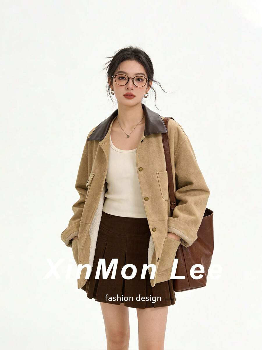 Jaket Kancing Depan Bahan Suede Beludru Gaya Gudang Vintage Maillard Warna Cokelat, Kasual Musim Dingin untuk Kampus/Kantor - Khaki - View 1