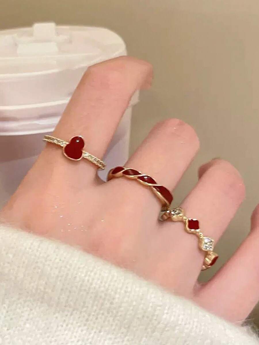 3pcs Vintage Ancara Red 3 Pieces Ring Set For Women, Luxury Drip Oil Four-Leaf Clover & Gourd Finger Rings, Niche Elegant Stackable Index Finger Decorative Rings - Red - View 1
