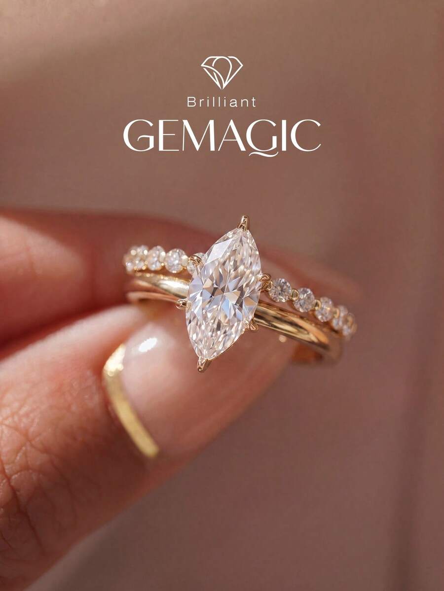 2pcs/Set 2ct Marquise Cut Rings, Elegant Women's Date Party Anniversary Rings, Exquisite Women's Jewelry Gift