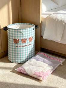 Cute Bear Print Foldable Laundry Basket, Large Capacity Round Fabric Dirty Clothes Storage Basket With Handle, Home Storage Basket, Laundry Bag, Suitable For Bedroom, Dorm, Bathroom, Home Essential, Perfect For Storage, Gift, Housewarming Gift - Multicolor - View 5