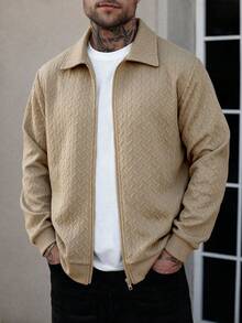 Men's 3D Herringbone Wheat Jacquard Collar Full Zip Long Sleeve Sweatshirt, Versatile Casual Jacket - Khaki - View 3