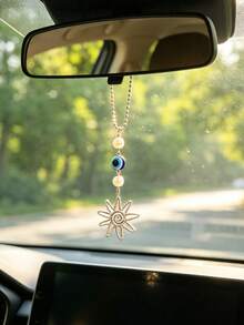 1pc Pearl Evil Eye Sun Pendant Car Rearview Mirror Hanging Decoration Car Interior Decor Accessory Vehicle Ornament - A - View 1
