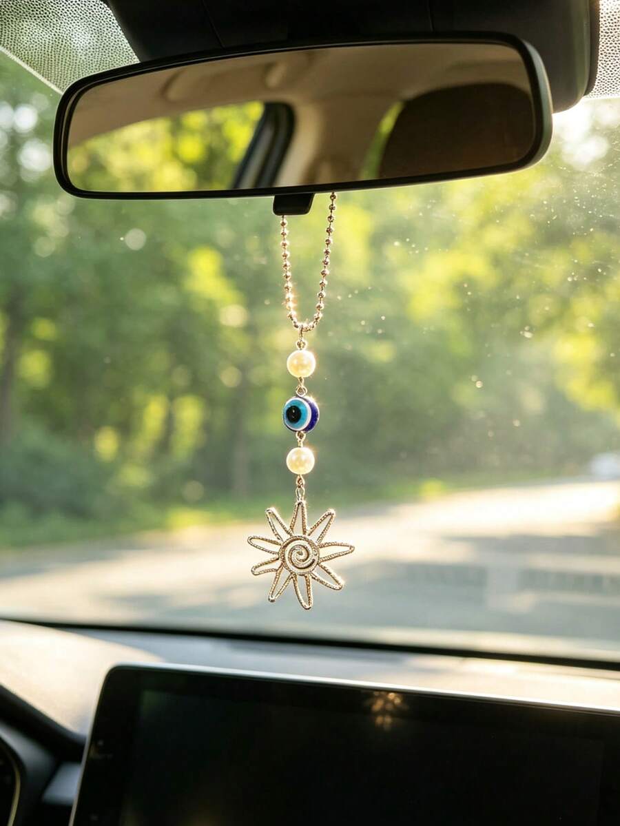1pc Pearl Evil Eye Sun Pendant Car Rearview Mirror Hanging Decoration Car Interior Decor Accessory Vehicle Ornament - A - View 1
