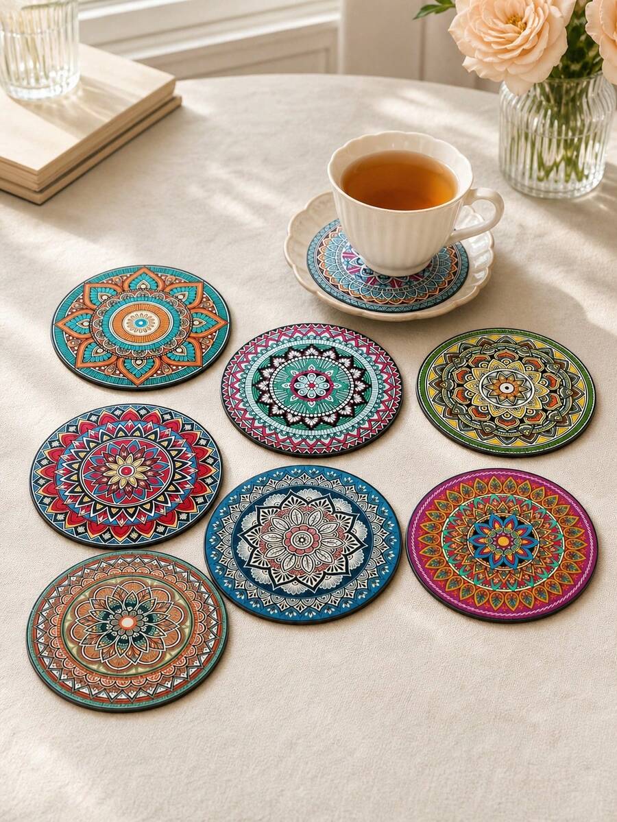8pcs/Set Wooden Mandala Pattern Coasters, Suitable For Living Room, Kitchen, Dining Room, Cup Coasters, Wine Glass Coasters, Great Gift