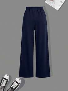 Girl's Minimalist Letter Sweet Cool Print Crew Neck Sweatshirt And Printed Casual Wide Leg Pants 2-Piece Set, Suitable For Autumn/Winter, School, Shopping And Sports - Navy Blue - View 7