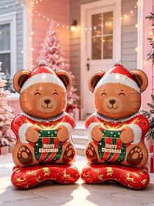 2pcs Oversized Christmas Bear Shaped Inflatable Balloons With "Merry Christmas" Print; Perfect For Christmas, New Year, Garden Display, Storefront Display, Home Party, Shop Decoration And Holiday Photo Props - A - View 1