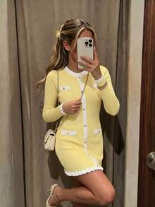 Women's New Autumn Elegant Contrast Color Metal Button Dress, Paired With Elegant Ruffle Blazer, Yellow Dress, Featuring Front Button Design Fall - Yellow - View 4