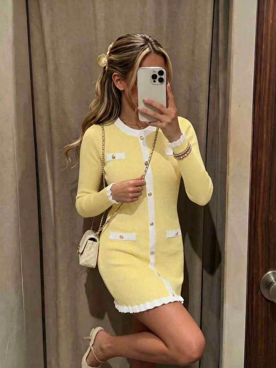 Women's New Autumn Elegant Contrast Color Metal Button Dress, Paired With Elegant Ruffle Blazer, Yellow Dress, Featuring Front Button Design Fall - Yellow - View 1