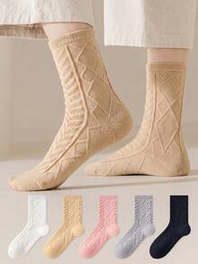 3 Pairs Solid Color Women's Mid-Calf Socks, 3D Embossed Argyle Cable Knit Thick Warm Socks, Versatile Soft Comfortable, Sleep Floor Long Socks Maternity Socks, Suitable For Spring Autumn Winter Sports Daily Wear, Random Color - Multicolor - View 3