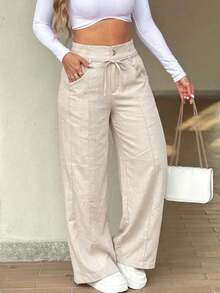 Women's Autumn Basic Drawstring Elastic Waist Wide Leg Pants, Suitable For Back To School, Church, Outings And Street Casual Bottoms - Apricot - View 9