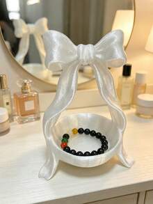 Cute Bow Jewelry Tray, Shiny Pearl Texture Ring & Earring Storage Dish, Bathroom Vanity Aesthetic Decor Organizer Box - Multicolor - View 6