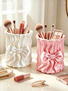 Cute Bow Satin Makeup Brush Holder, Pleated Silky Cosmetic Storage Cup, Decorative Desktop Storage Container Suitable For Vanity, Girls Makeup Accessories - Multicolor - View 1