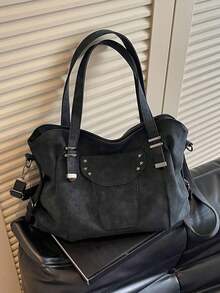 Vintage And Large Capacity Tote Bag, Decorated With Star Rivets And Adjustable Crossbody Shoulder Strap, Perfect For Shopping And Outings - Black - View 10
