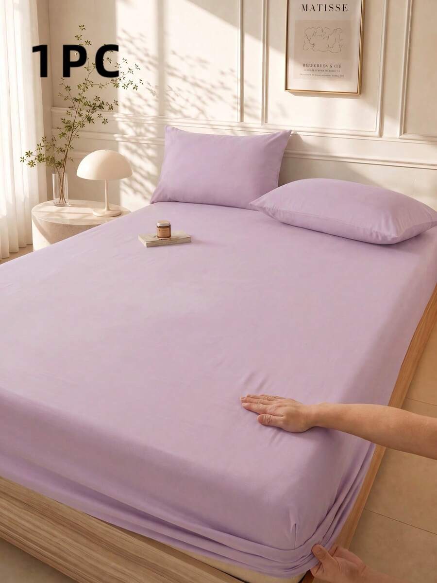 1pc Solid Light Purple Fitted Sheet, Mattress Protector, Mattress Cover, Fitted Sheet, Soft & Breathable, Twin, Full, Queen, King, Deep Pocket Design Up To 11.8 Inches, Breathable & Wrinkle-Resistant, Machine Washable, Dorm Bedding, Back To School - Mauve Purple - View 1