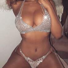 Set Rantai Tubuh Bikini Seksi Bertabur Berlian Imitasi, Bra dan Celana Dalam Berkilau, Aksesori Pantai Musim Panas untuk Wanita - Perak - View 1