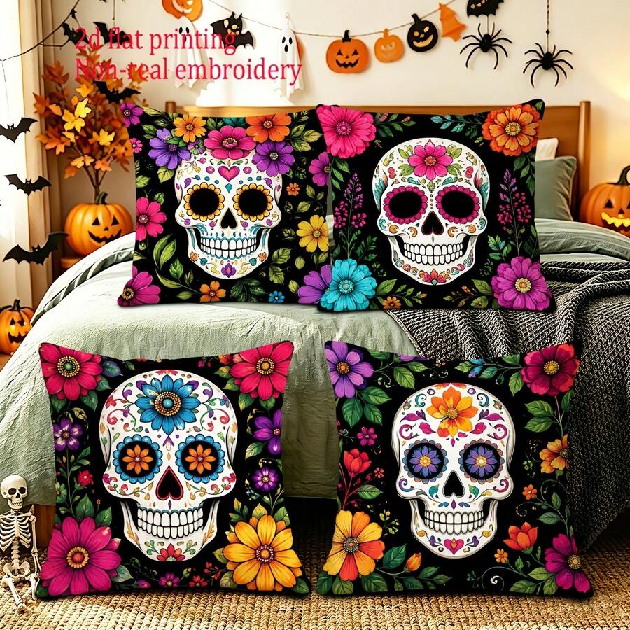 Almohada JHUA Día de Muertos(relleno), Impresión Doble Cara Calavera Floral, Cierre para Sofá Decoraciónéxico Carnaval Halloween, 45cm Cuadradas - Multicolor 003 - Ver 1