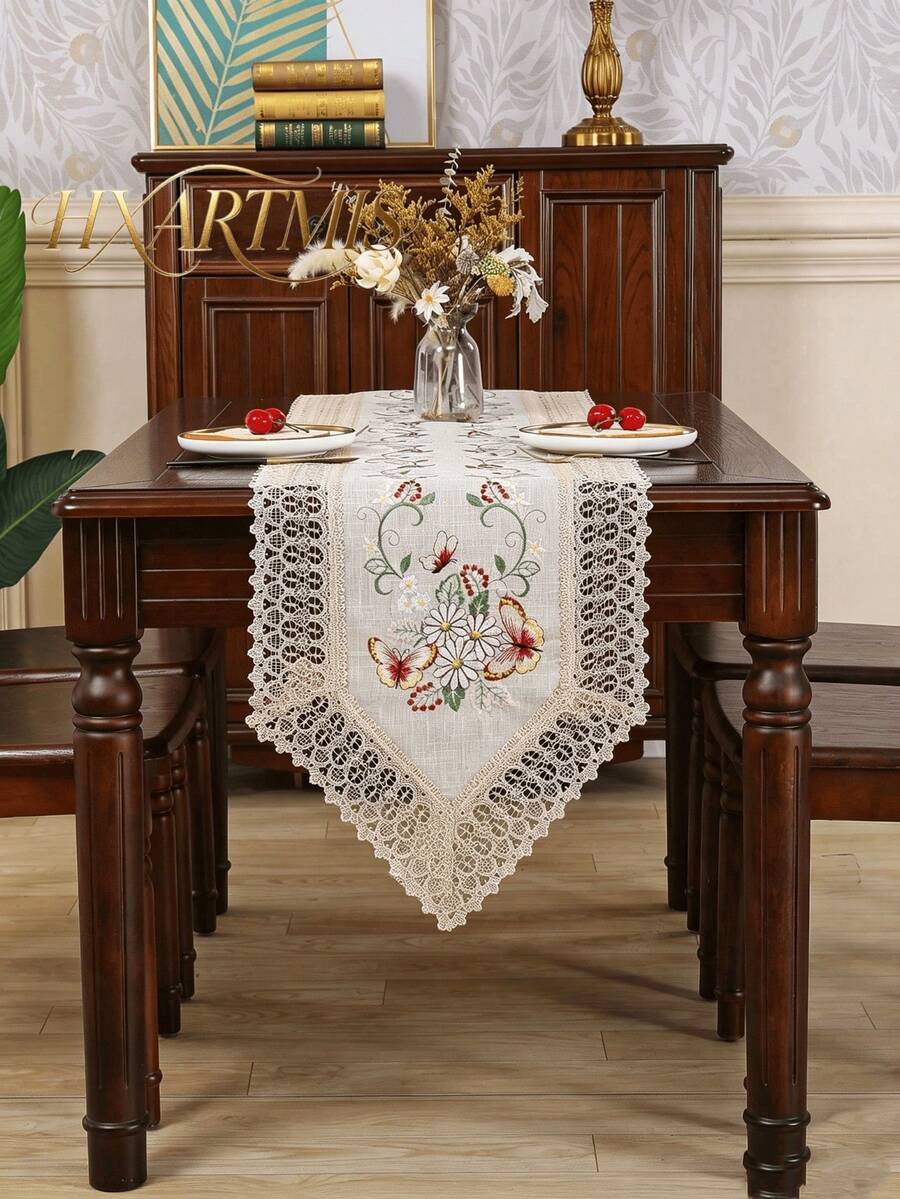 HXARTMIS 1PC Butterfly Floral Embroidered Table Runner, Hollow Lace Trim Vintage Tablecloth, Suitable For Sideboard, Dining Room, Daily Home Decor - Brown - View 1