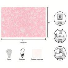 Pink Floral Wall Tapestry, White Line Floral Pattern, Minimalist Aesthetic Wall Decor, Suitable For Bedroom, Living Room, Dormitory Wall Hanging Decoration - Multicolor - View 5