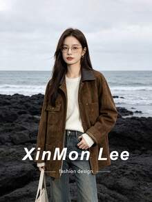 Jaket Kancing Depan Bahan Suede Beludru Gaya Gudang Vintage Maillard Warna Cokelat, Kasual untuk Kantor, Sehari-hari, Musim Dingin - Coffee Brown - View 1