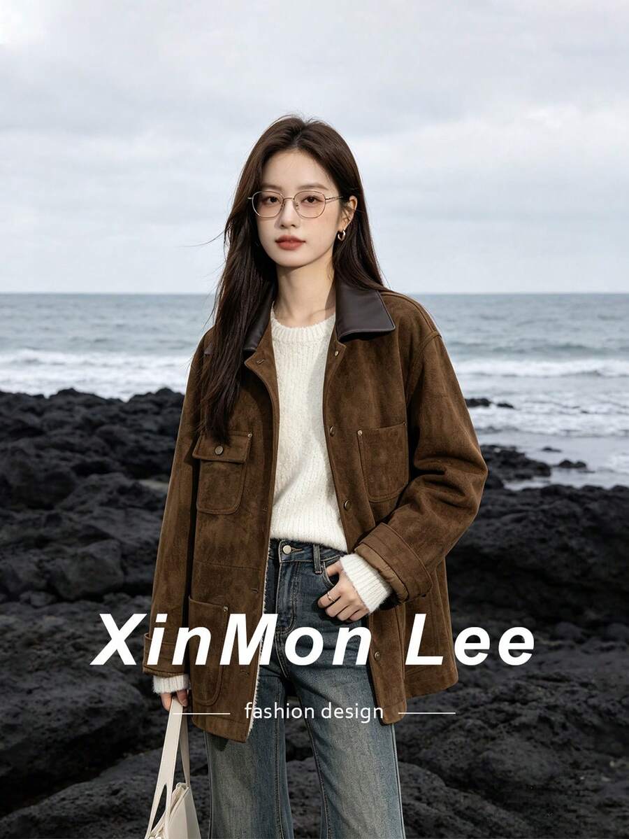 Jaket Kancing Depan Bahan Suede Beludru Gaya Gudang Vintage Maillard Warna Cokelat, Kasual untuk Kantor, Sehari-hari, Musim Dingin - Coffee Brown - View 1