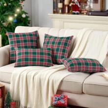 Sarung Bantal Hias Natal Motif Kotak-kotak Tartan Cokelat Vintage, Ukuran 18x18 inci, Set Isi 2 - Sarung Bantal Motif Kotak-kotak Tartan Hijau - View 4