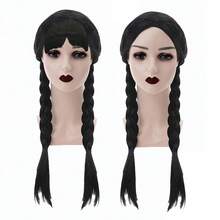 Black Double Braids With Flat Bangs Wig, Suitable For Girls, Can Be Used For Wednesday Cosplay, Evil Character Cosplay, Photography, Party Costume Accessories And Halloween Costumes. - Multicolor - View 7