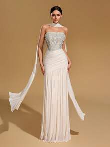 Elegant Mermaid Ball Gown, Women's Strapless Backless Cocktail Dress, Decorated With Sequins And Pearls, Ruched Design - Apricot - View 6