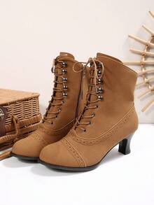 Women's Fashion Boots, Breathable Rivet Chunky Heel Lace-Up Side Zipper Motorcycle Boots - Brown - View 3