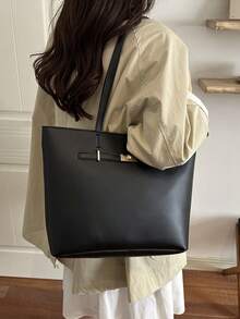 Casual Handheld Underarm Tote Bag, Solid Color, Cross-Border 2026, Large Capacity PU, Women's Fashion Minimalist Shoulder Bag - Black - View 5