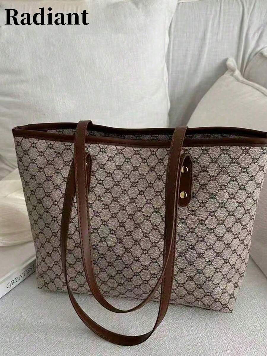 Bolso de mano de moda 2026 de gran capacidad con múltiples compartimentos para ir y venir, adecuado para novia, compras y trabajo, inspirado en diseñador con patrón geométrico de alta calidad - Caqui - Ver 1