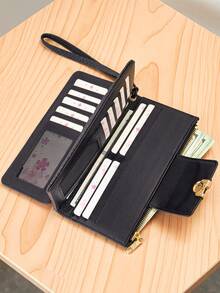 Women's Vintage Straw Woven Texture PU Long Wallet, Multi-Functional Large Capacity Card Holder With Exquisite Metal Flower Logo, Casual Wristlet Bag Suitable For Various Occasions - Black - View 5
