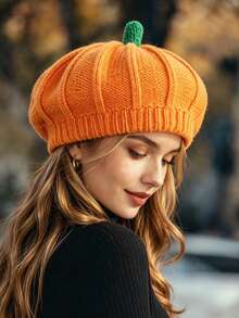 1pc Cute Pumpkin Hat, Women's Knitted Pumpkin Beanie, Soft & Warm, Elastic & Comfortable, Suitable For Halloween Party And Autumn/Winter Holiday Accessory - Multicolor - View 4