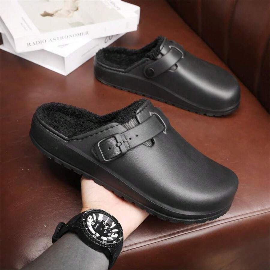 Men's Winter Thick Sole New Style Indoor Home Slippers, Closed Toe Slip-On Convenient Warm Slippers For Men, Suitable For Outdoor Wear - Black - View 1