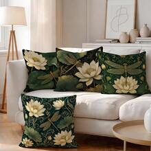4pcs/1pc Vintage Gilded Lotus & Dragonfly Pattern Pillow Case, Single-Sided Printed Pillow Case, Suitable For Living Room, Bedroom, Home Decor, All-Season Pillow Case - Multicolor - View 1