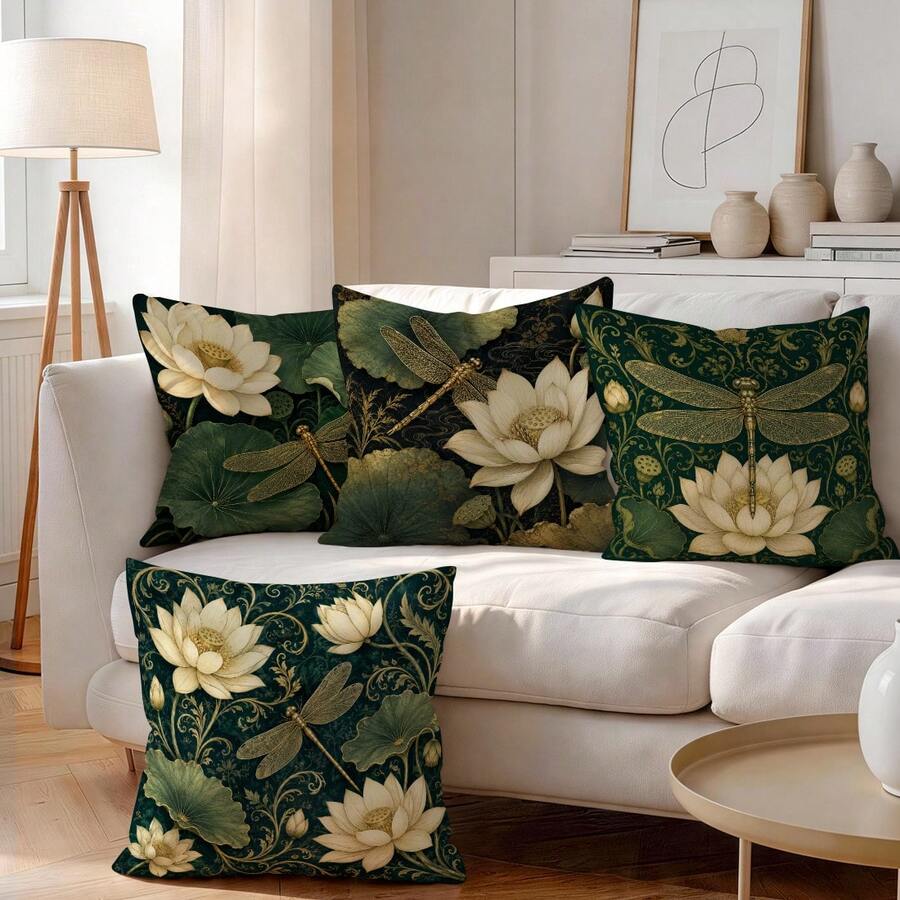 4pcs/1pc Vintage Gilded Lotus & Dragonfly Pattern Pillow Case, Single-Sided Printed Pillow Case, Suitable For Living Room, Bedroom, Home Decor, All-Season Pillow Case - Multicolor - View 1